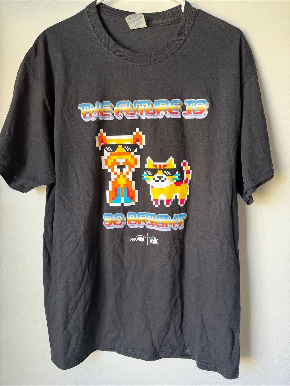 Port and Company Black Tee with Colorful Pixel Cat Graphic